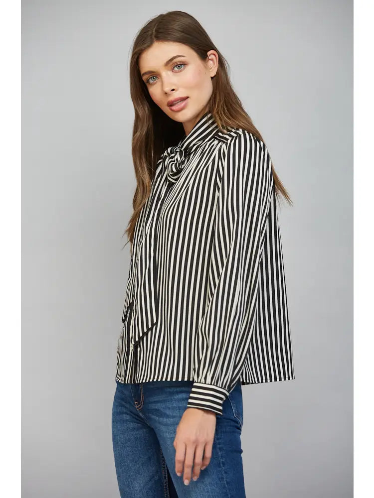 Striped Tie Neck Bow Detail Button Down Blouse