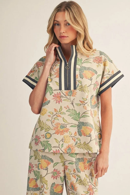 Drop Shoulder Zip Up Floral Top - Ivory