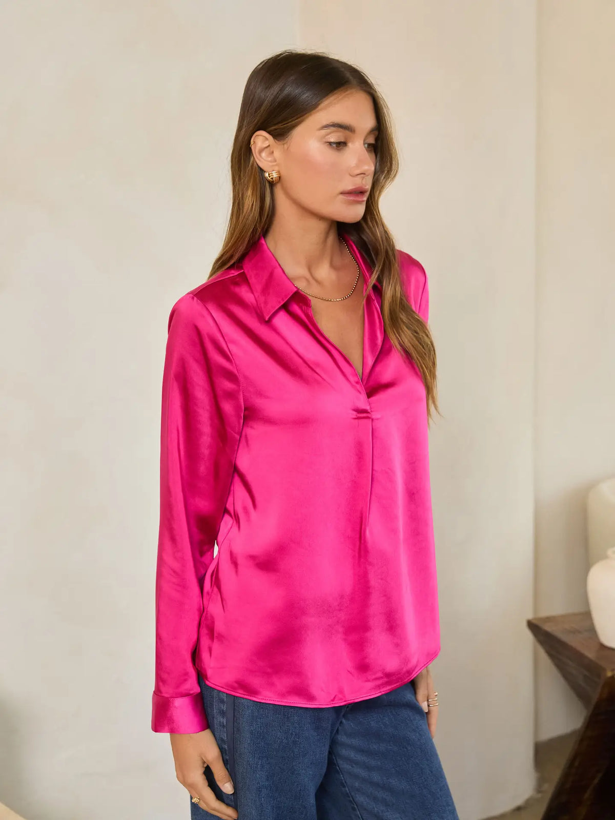 Satin V Neck Button Down - Fuchsia