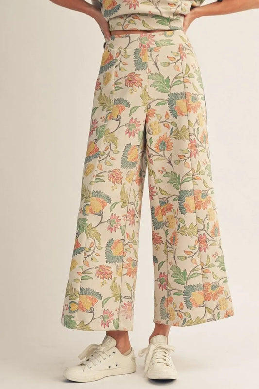High Waist Wide Leg Floral Pant. - Ivory