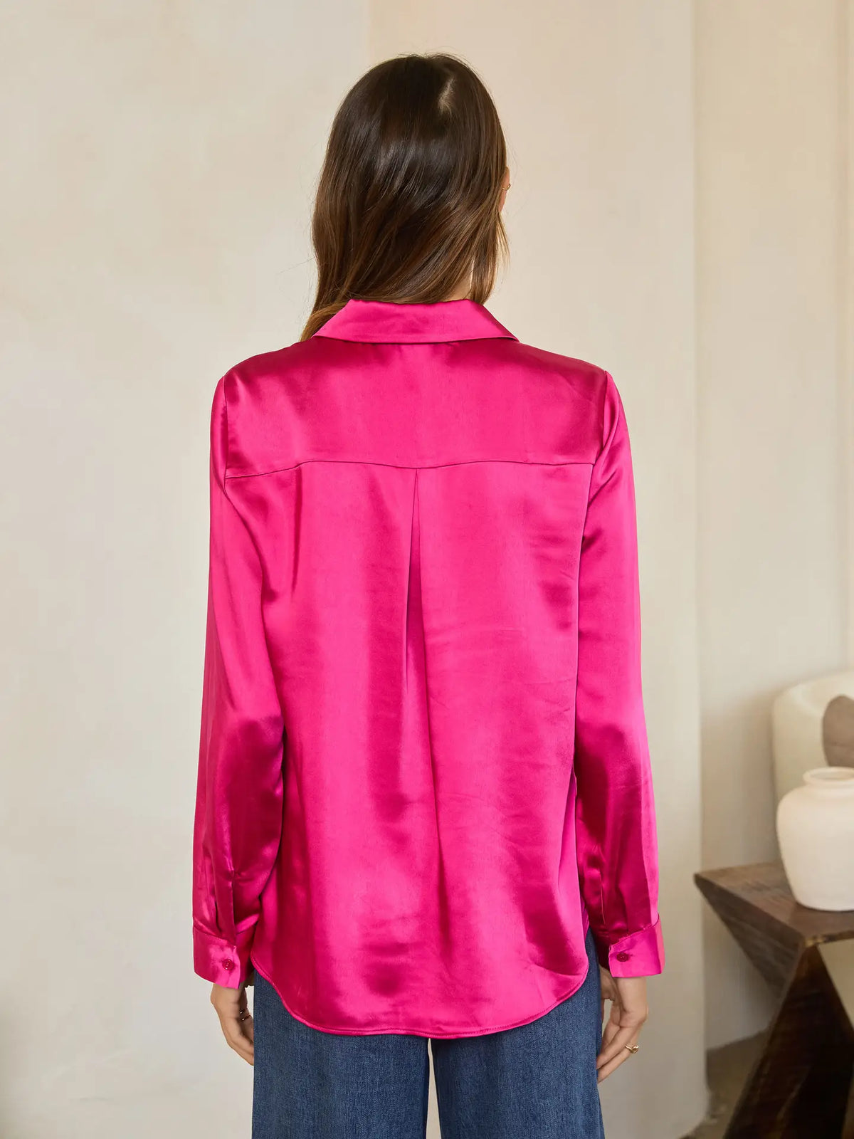 Satin V Neck Button Down - Fuchsia