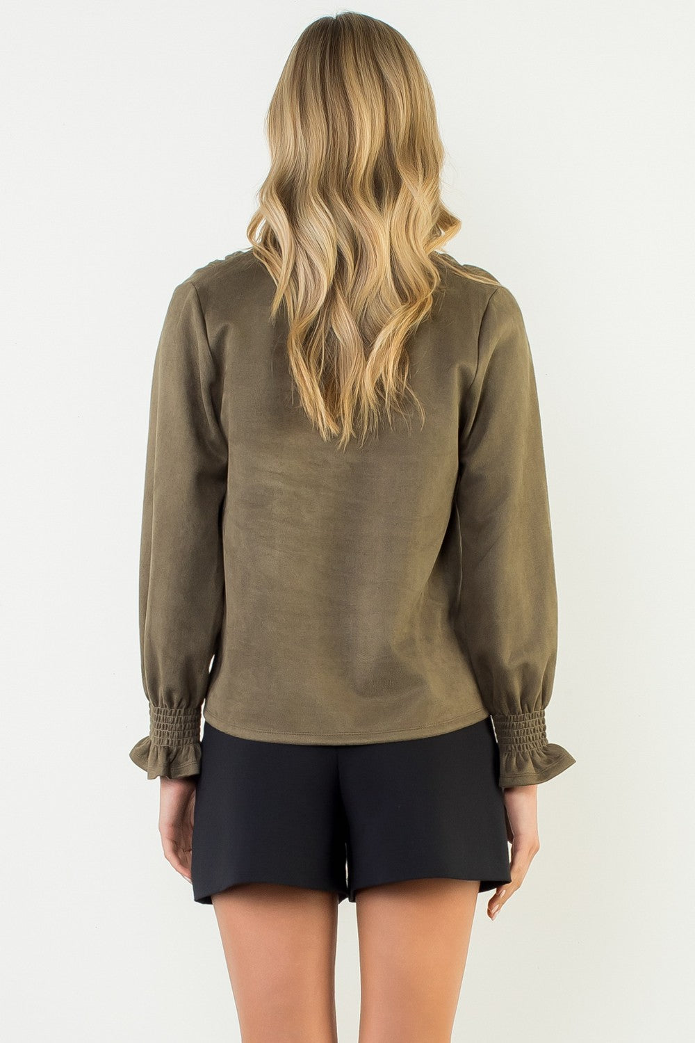 Classic V Neck Suede Top In Olive