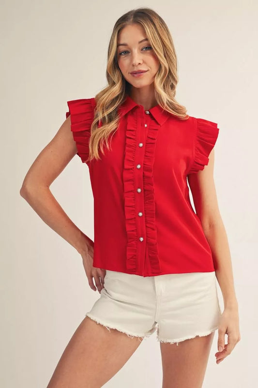 Ruffle Cap Sleeve Top - Red