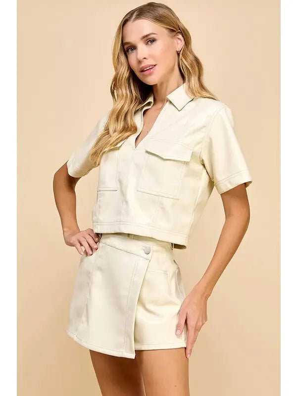 Faux Leather Top In Cream