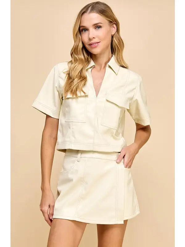 Faux Leather Top In Cream