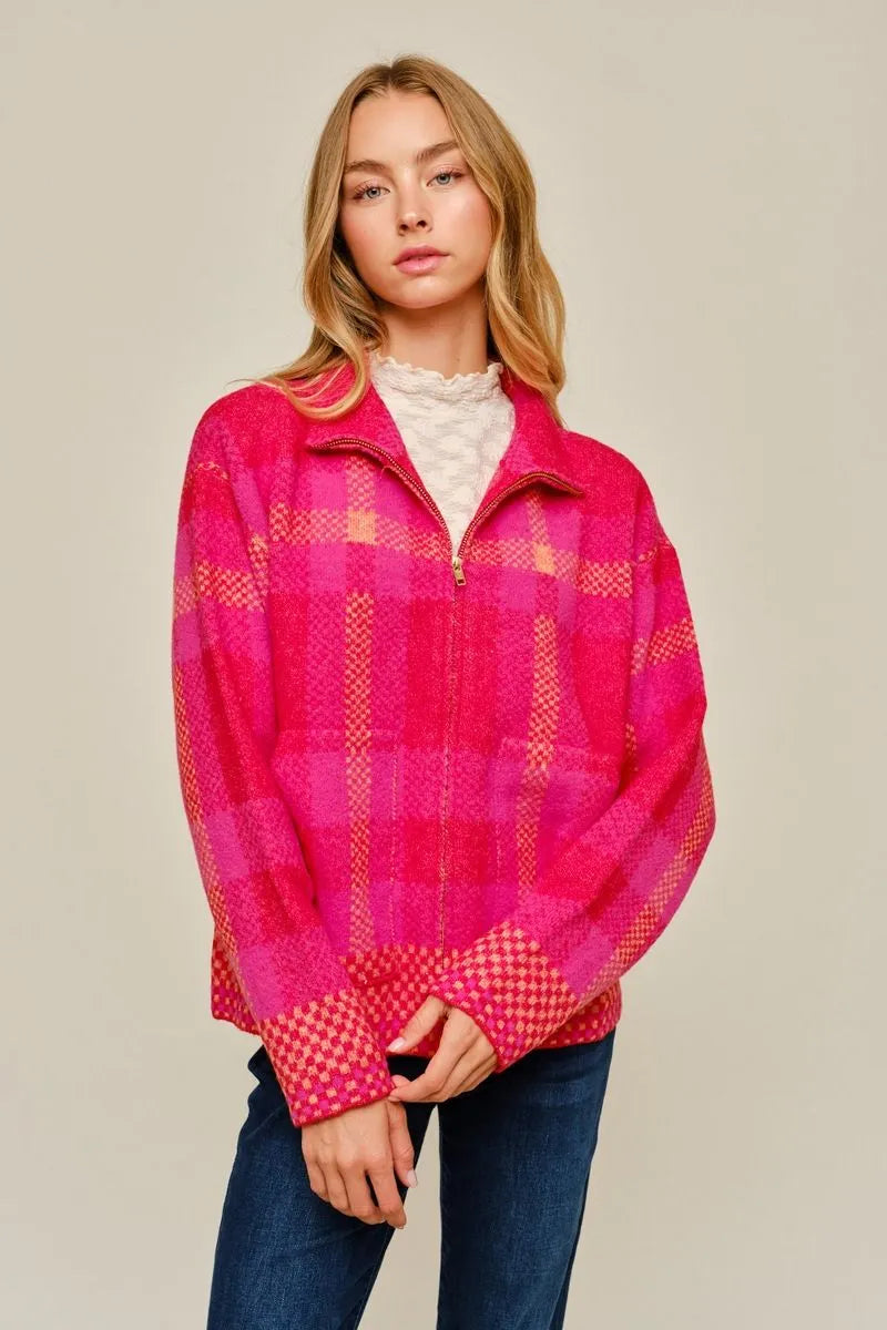 Plaid Zip Up Cardigan - Red