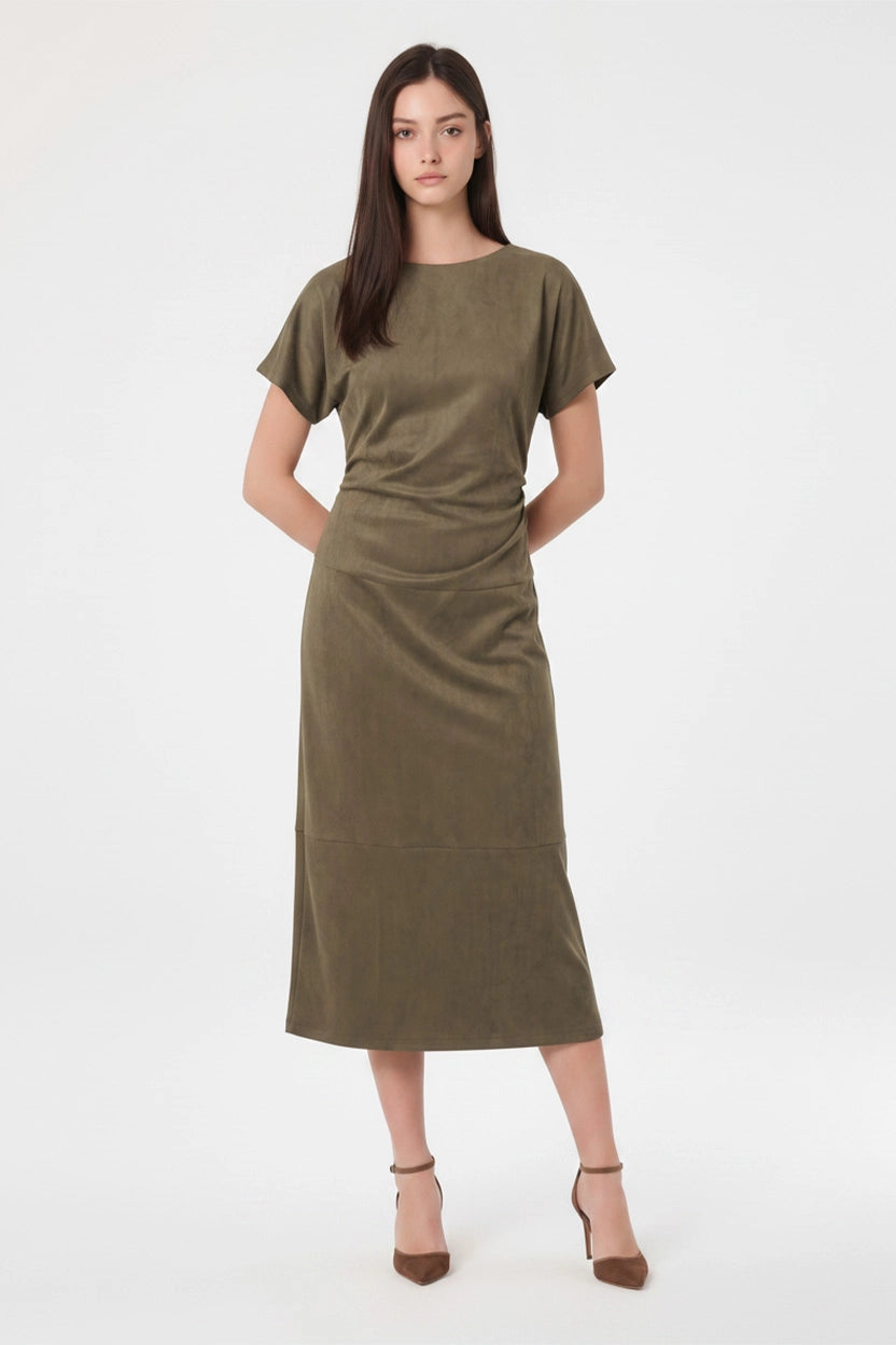 Faux Suede Draped Neckline Midi Dress