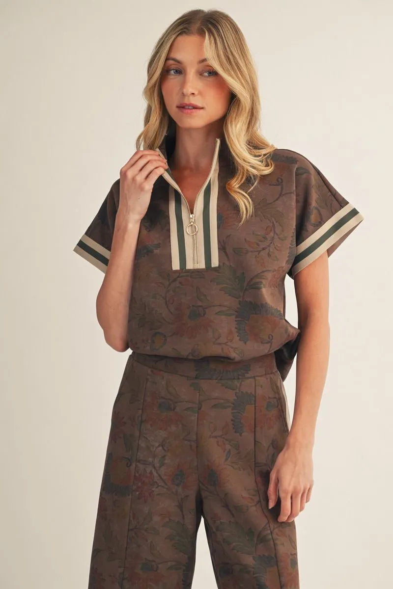 Drop Shoulder Zip Up Floral Top - Brown