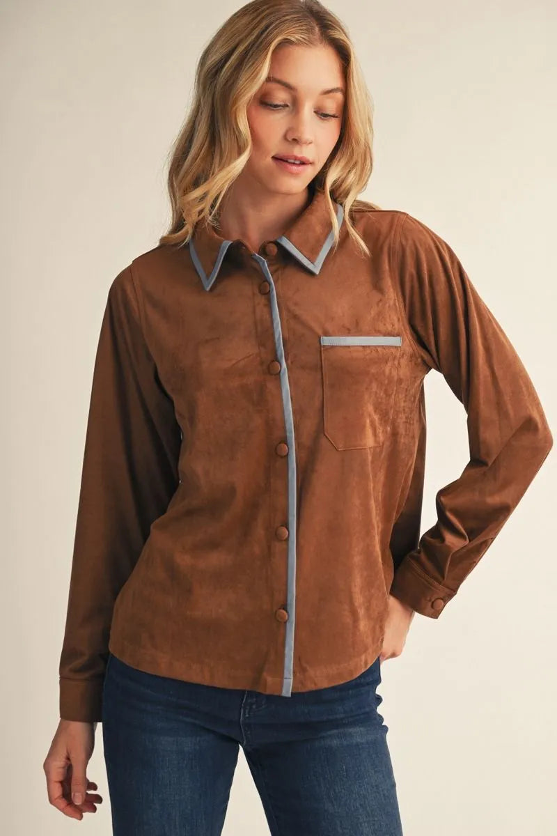 Faux Suede Long Sleeve Top - Brown