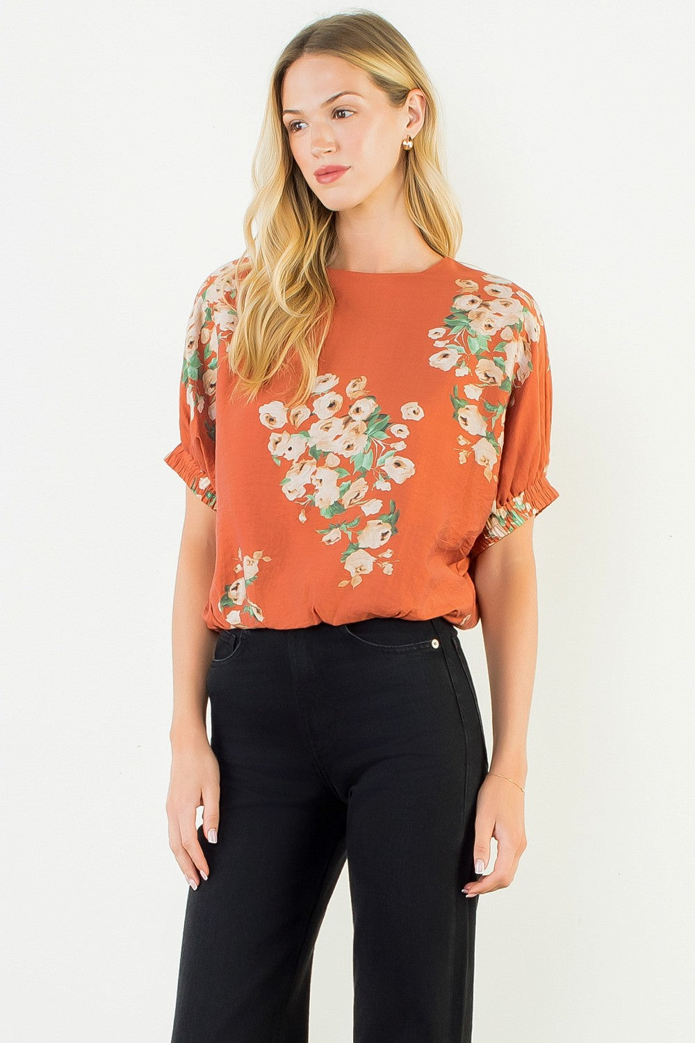 Short Sleeve Loose Floral Top - Rust