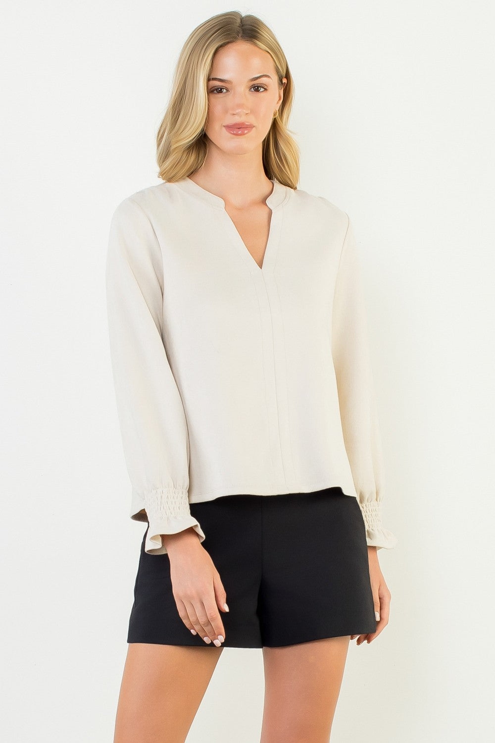 Classic V Neck Suede Top In Cream