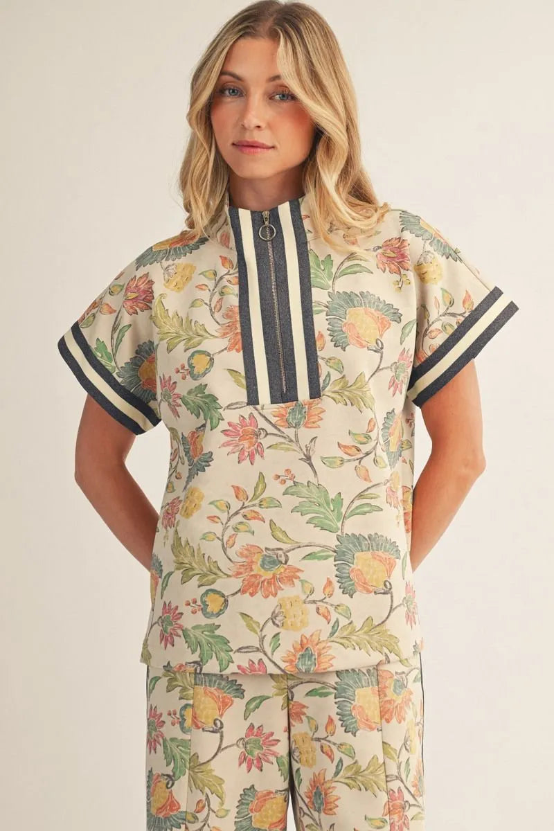 Drop Shoulder Zip Up Floral Top - Ivory