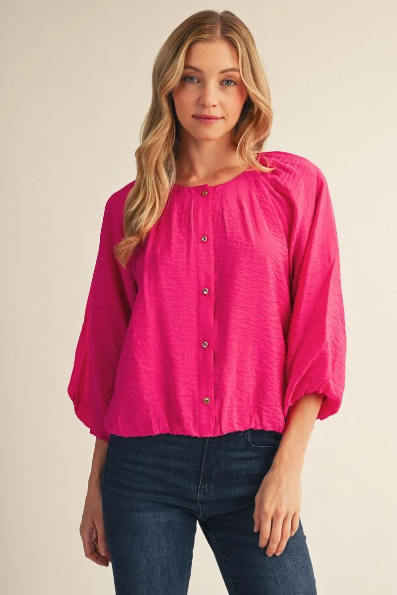 3/4 Puff Sleeve Crinkle Top - Fuschia