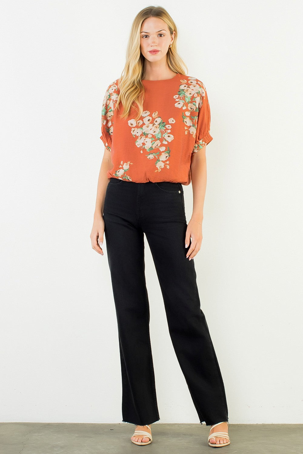 Short Sleeve Loose Floral Top - Rust