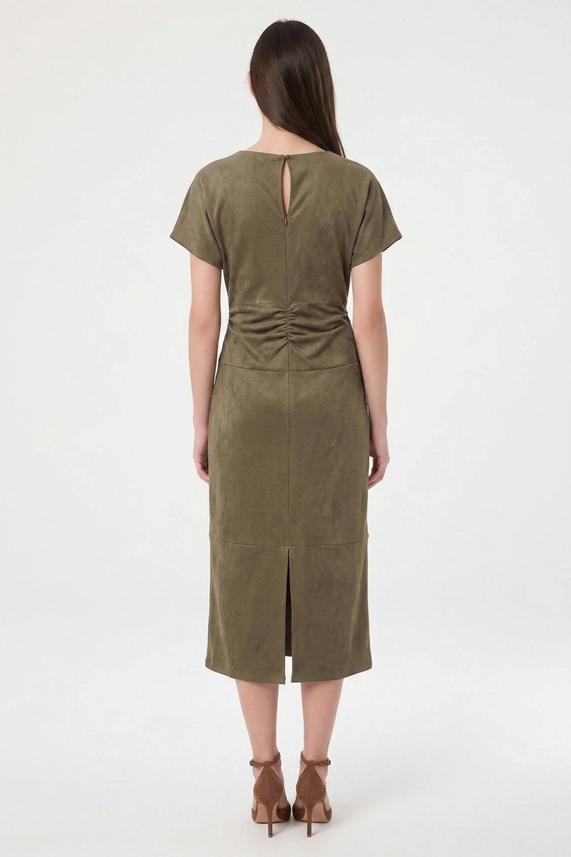 Faux Suede Draped Neckline Midi Dress