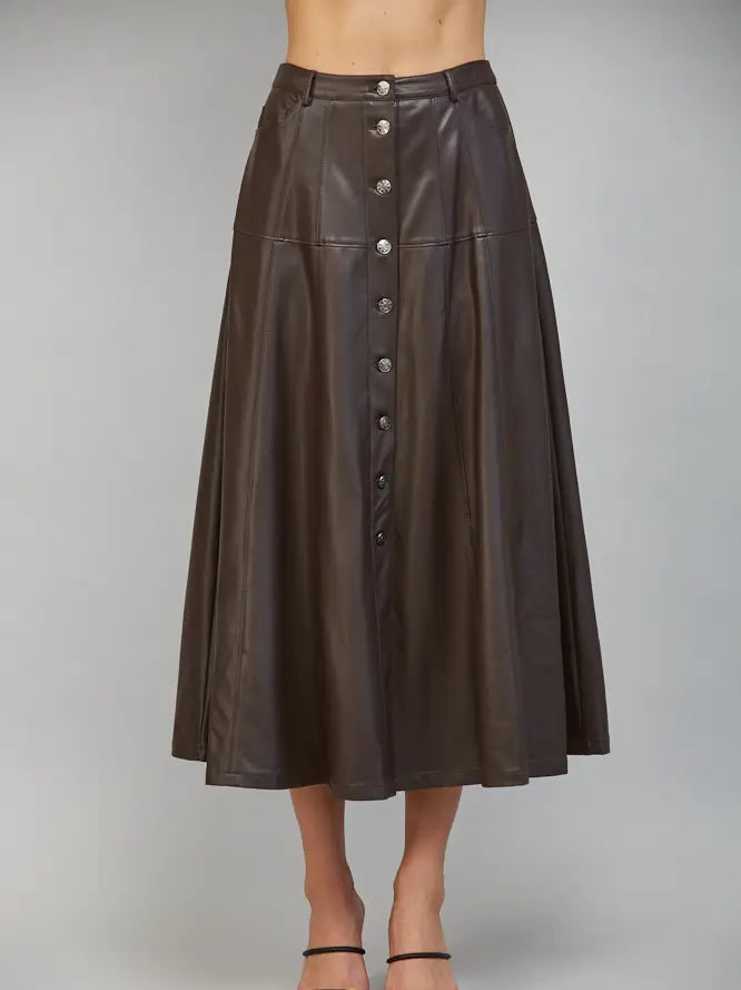 Button Down Leather Midi Skirt
