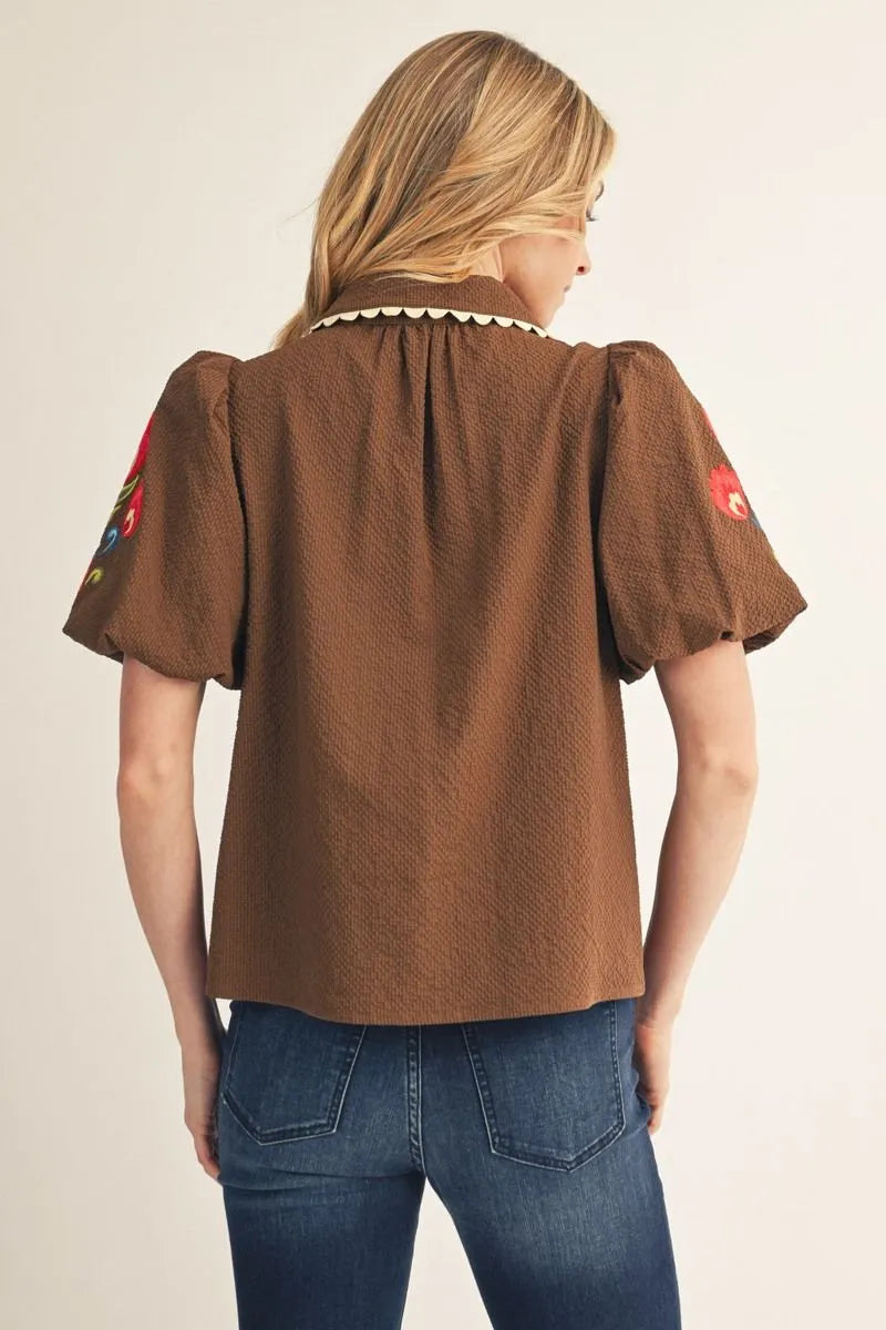 Brown Embroider Puff Sleeve Top