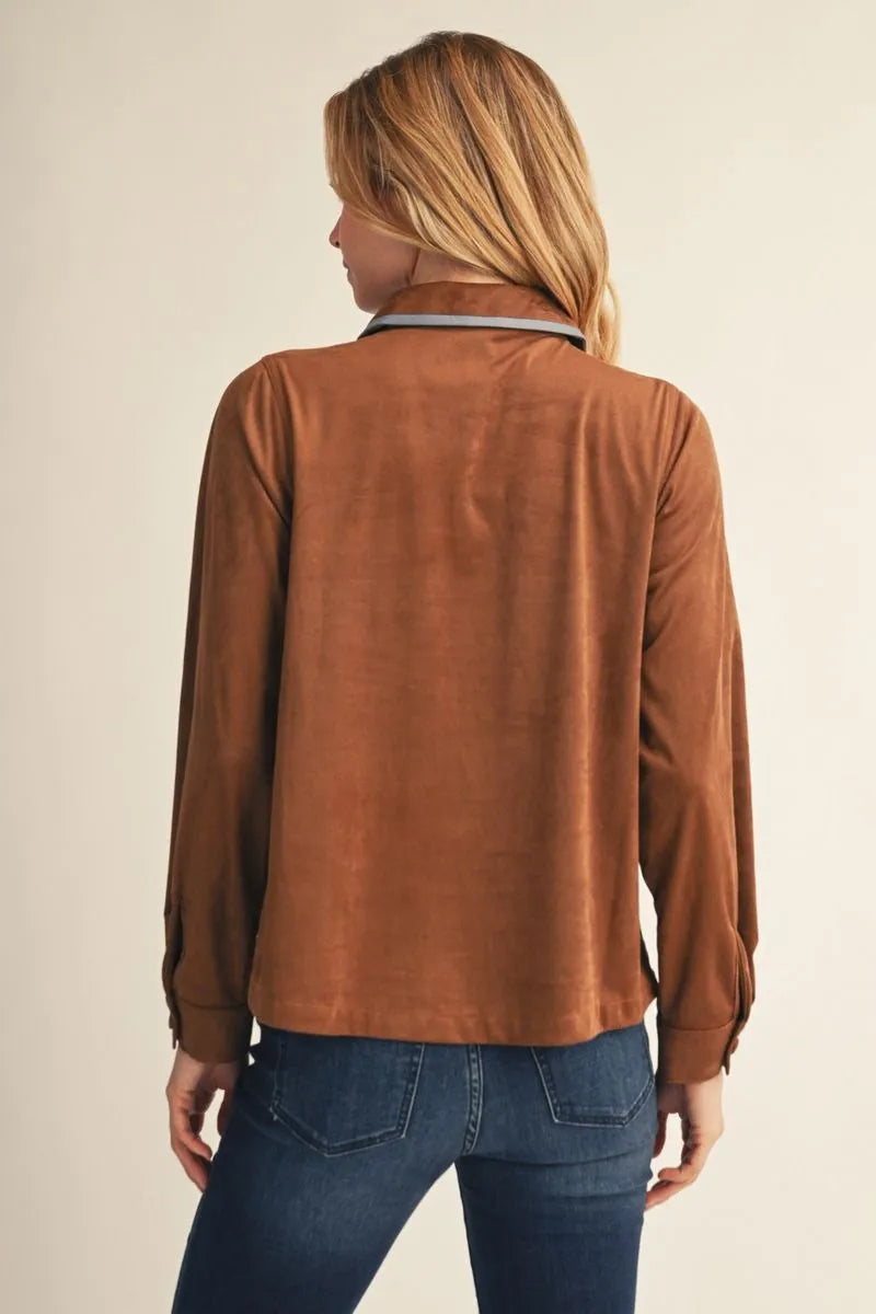 Faux Suede Long Sleeve Top - Brown