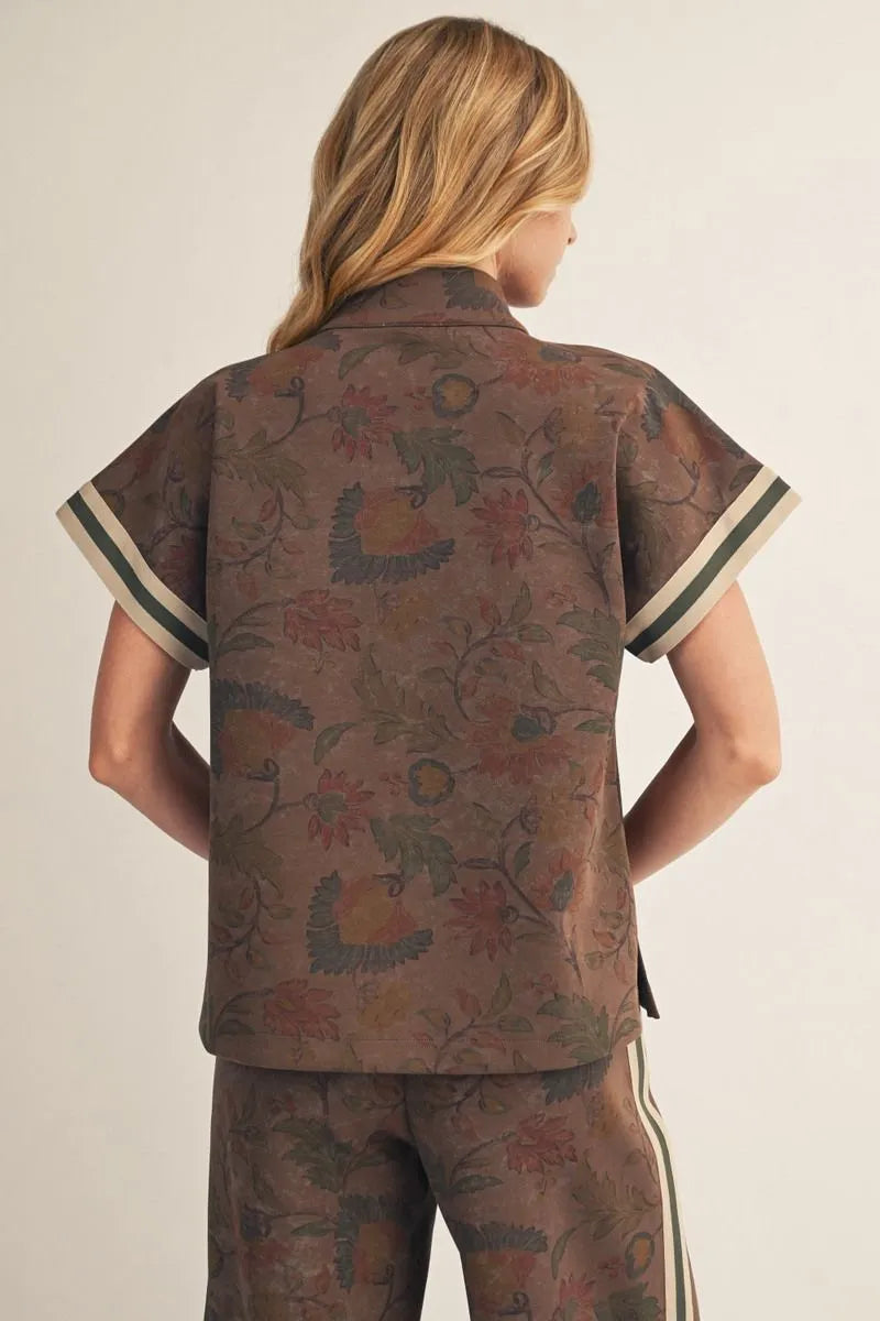Drop Shoulder Zip Up Floral Top - Brown