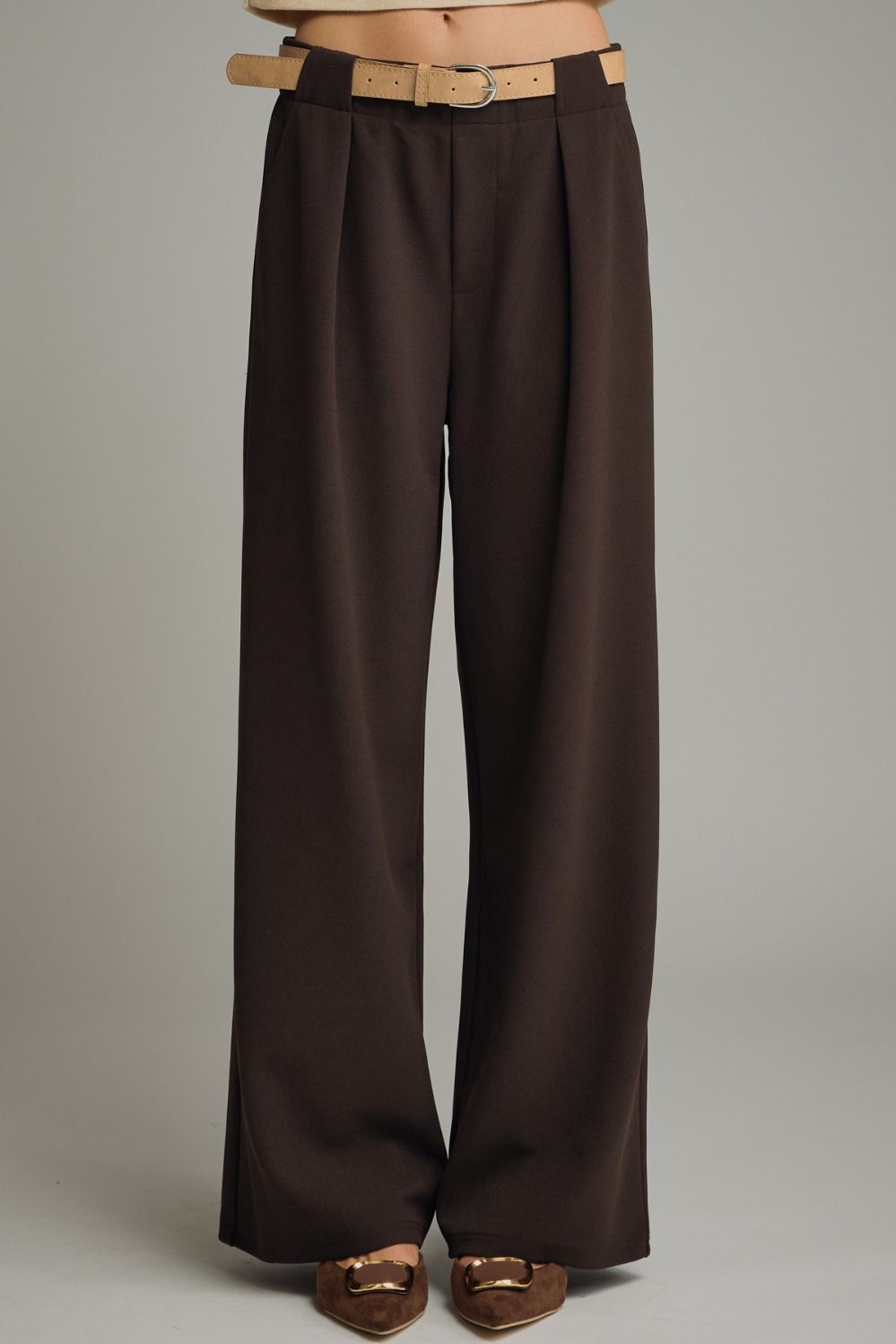 Brown Flowy Belted Pant