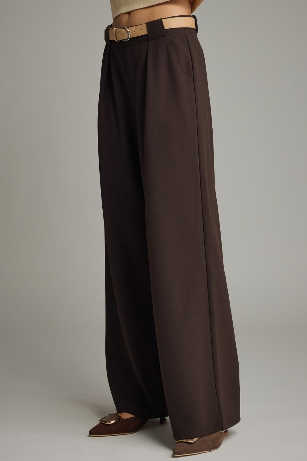 Brown Flowy Belted Pant