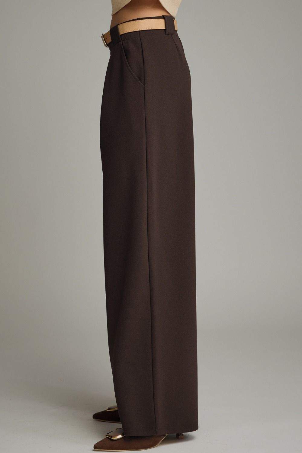 Brown Flowy Belted Pant