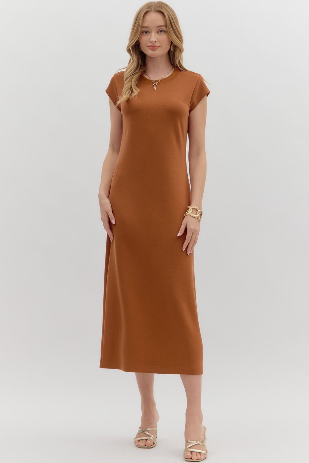 Cap Sleeve Midi Dress In Chestnut