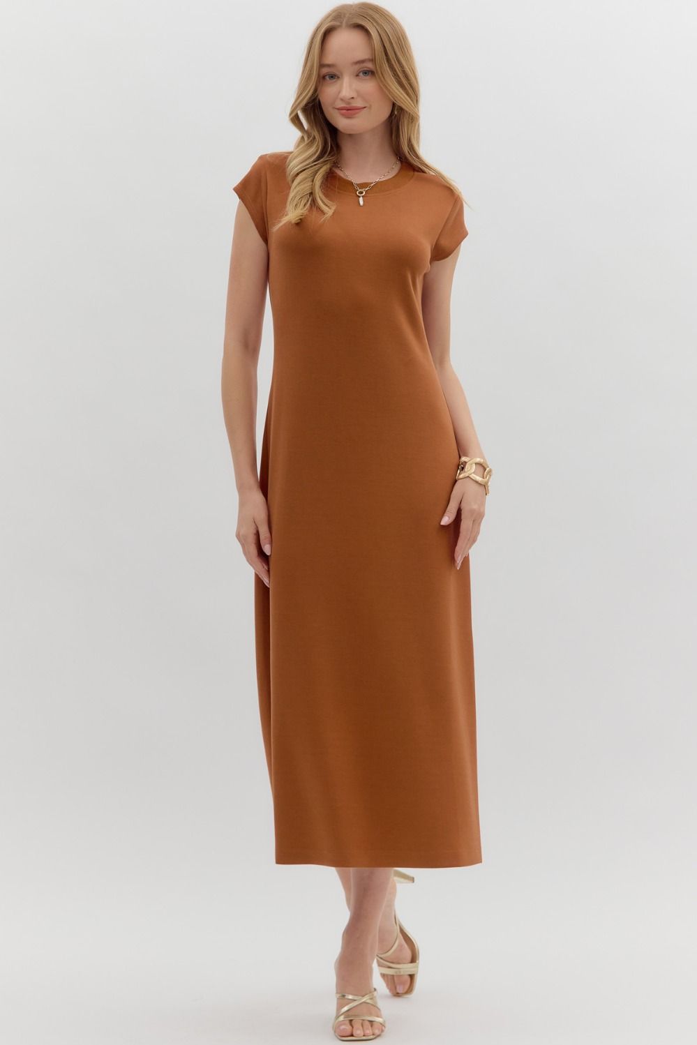 Cap Sleeve Midi Dress In Chestnut