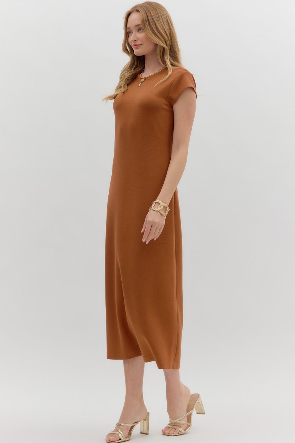 Cap Sleeve Midi Dress In Chestnut