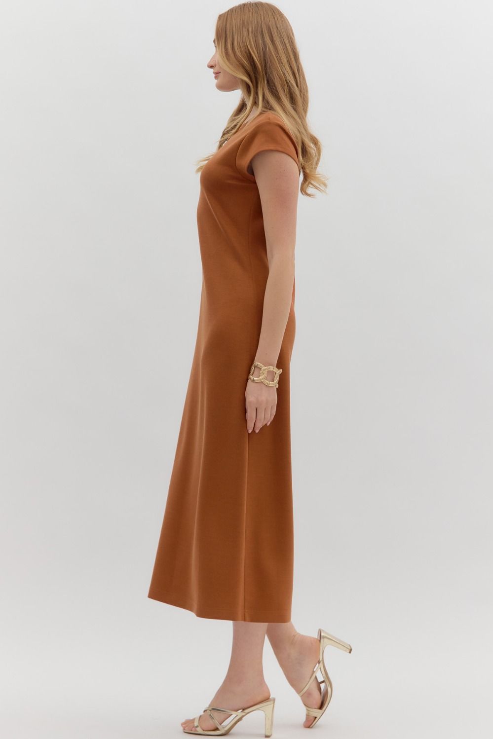 Cap Sleeve Midi Dress In Chestnut