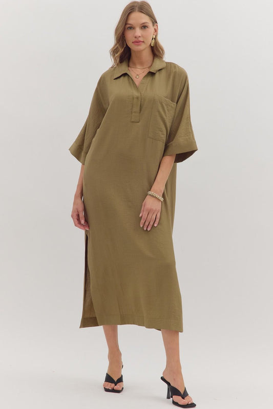 Olive V Neck Midi Dress