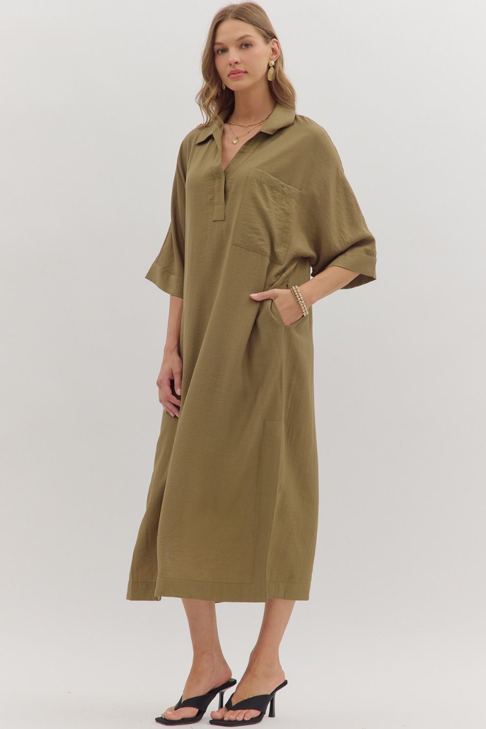 Olive V Neck Midi Dress