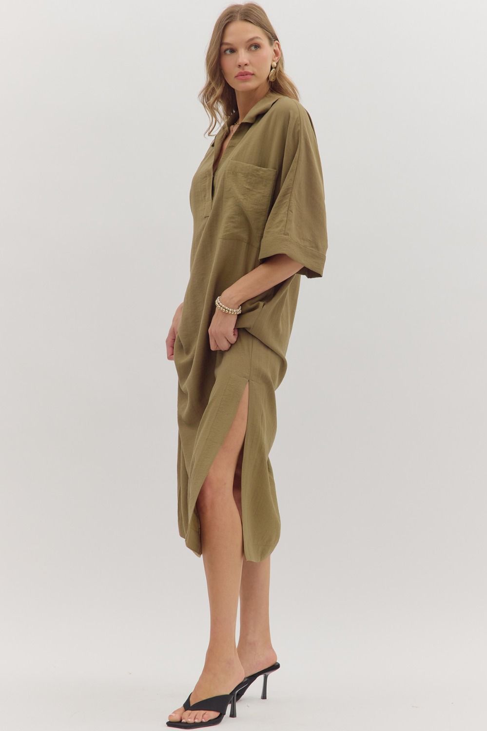Olive V Neck Midi Dress