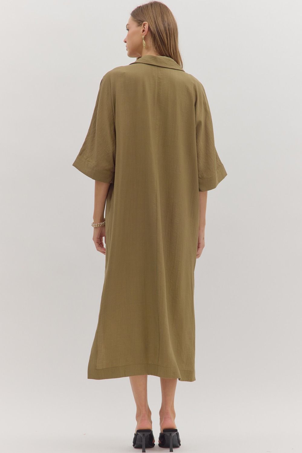 Olive V Neck Midi Dress