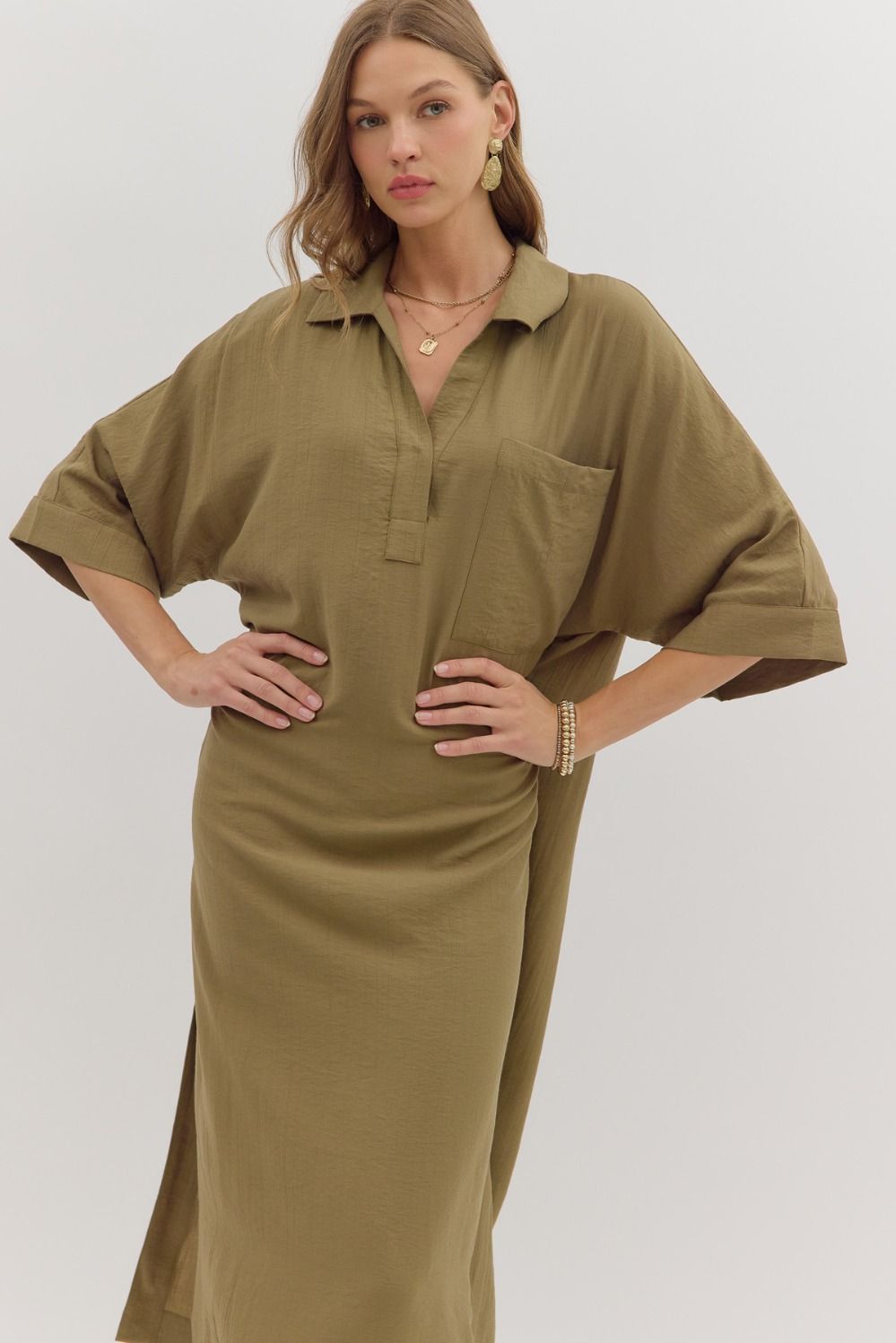 Olive V Neck Midi Dress