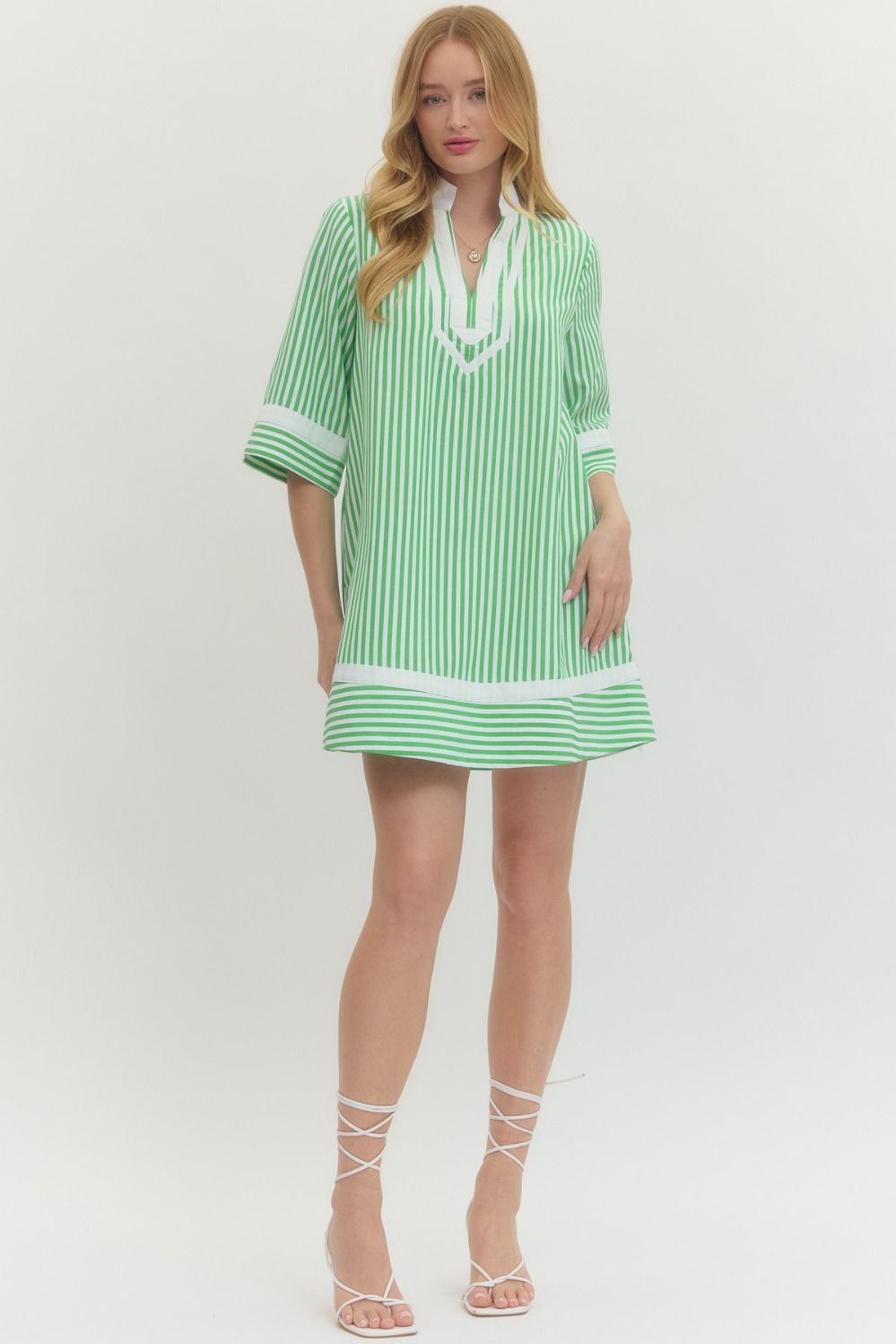 Green Striped V Neck Dress