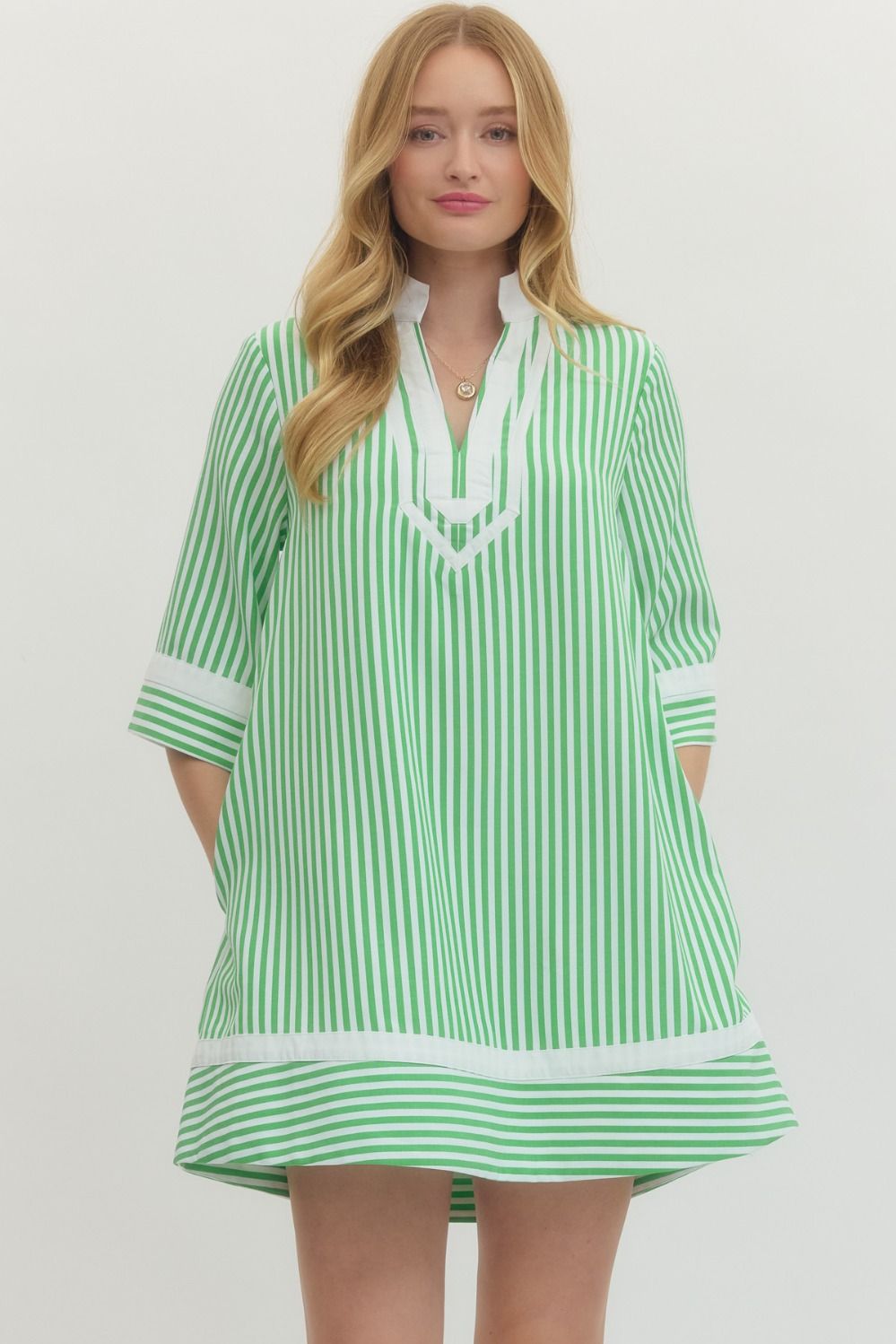 Green Striped V Neck Dress