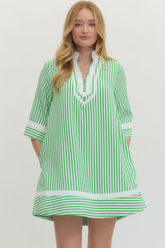 Green Striped V Neck Dress