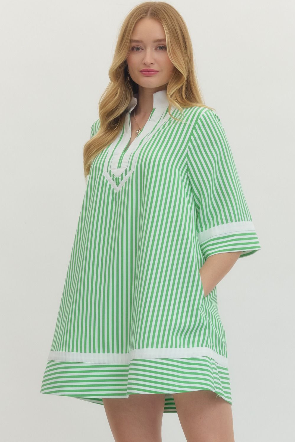 Green Striped V Neck Dress