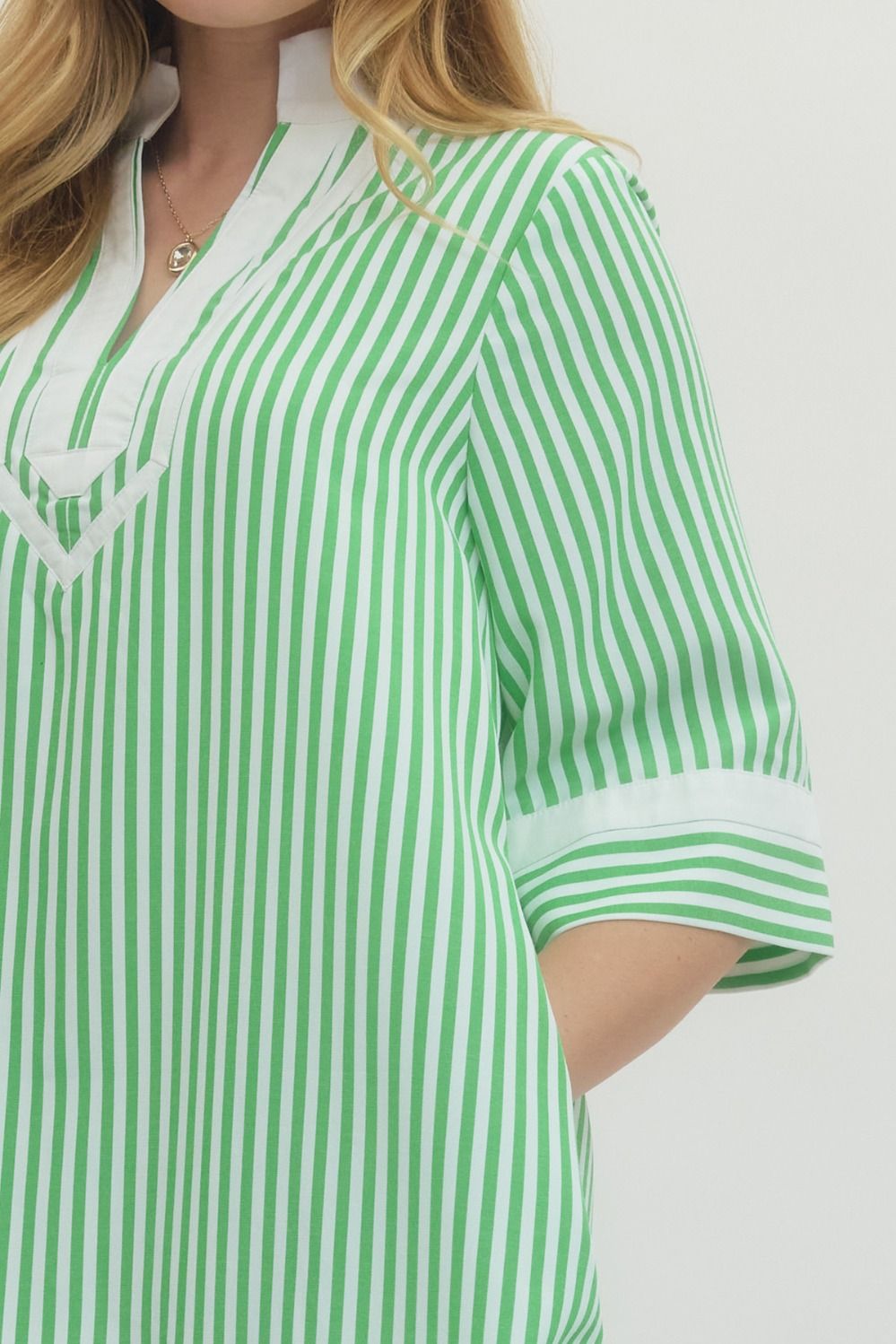 Green Striped V Neck Dress