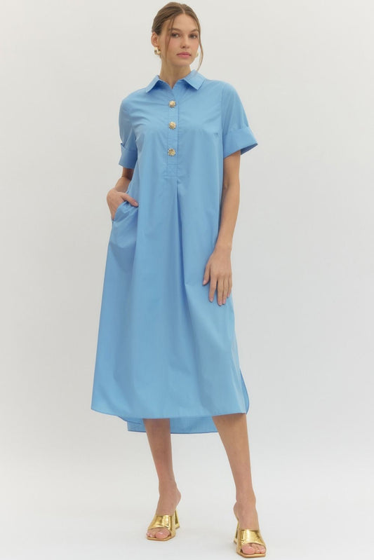 Blue Embellished Button Midi Dress