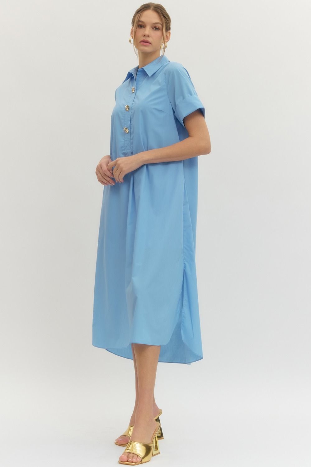Blue Embellished Button Midi Dress