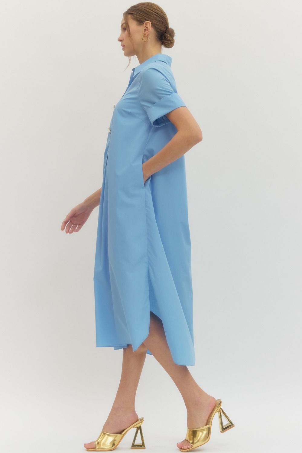 Blue Embellished Button Midi Dress