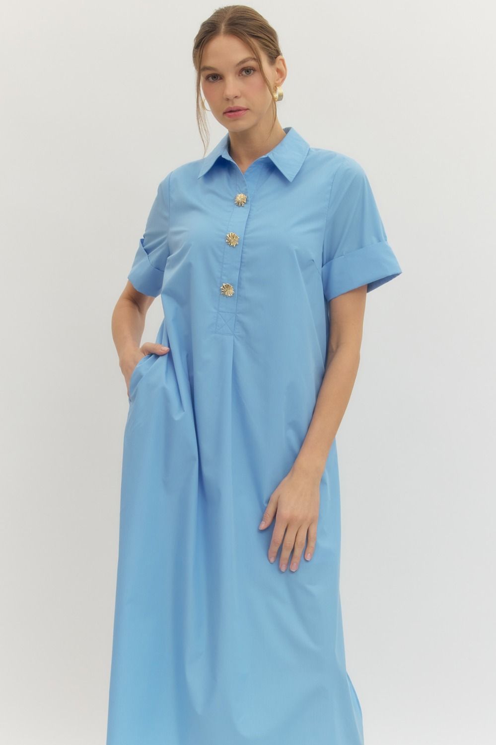Blue Embellished Button Midi Dress