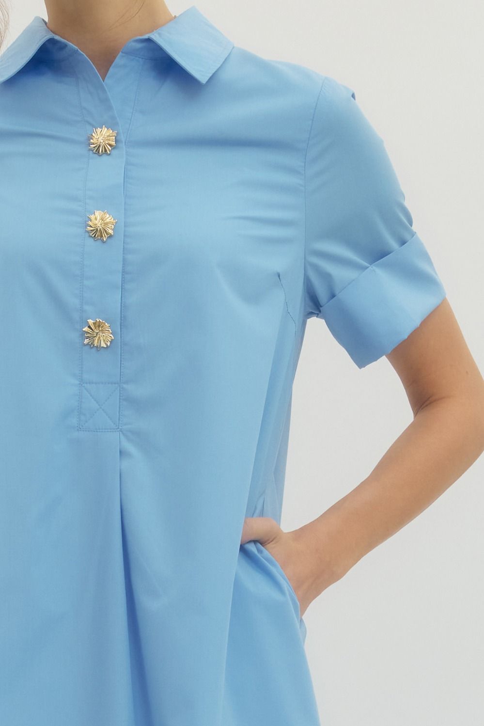 Blue Embellished Button Midi Dress