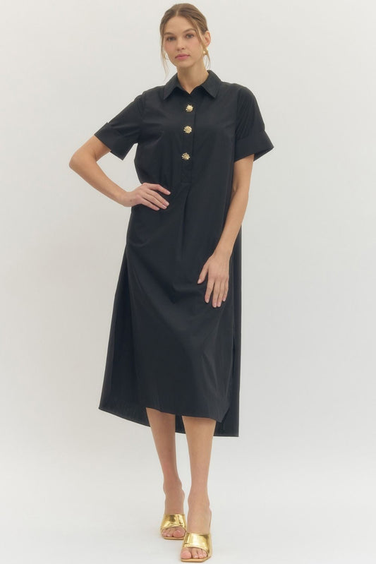 Black Embellished Button Midi Dress