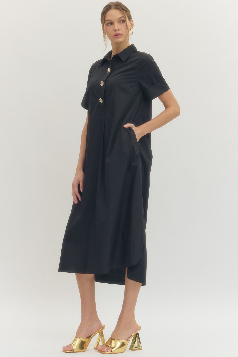 Black Embellished Button Midi Dress