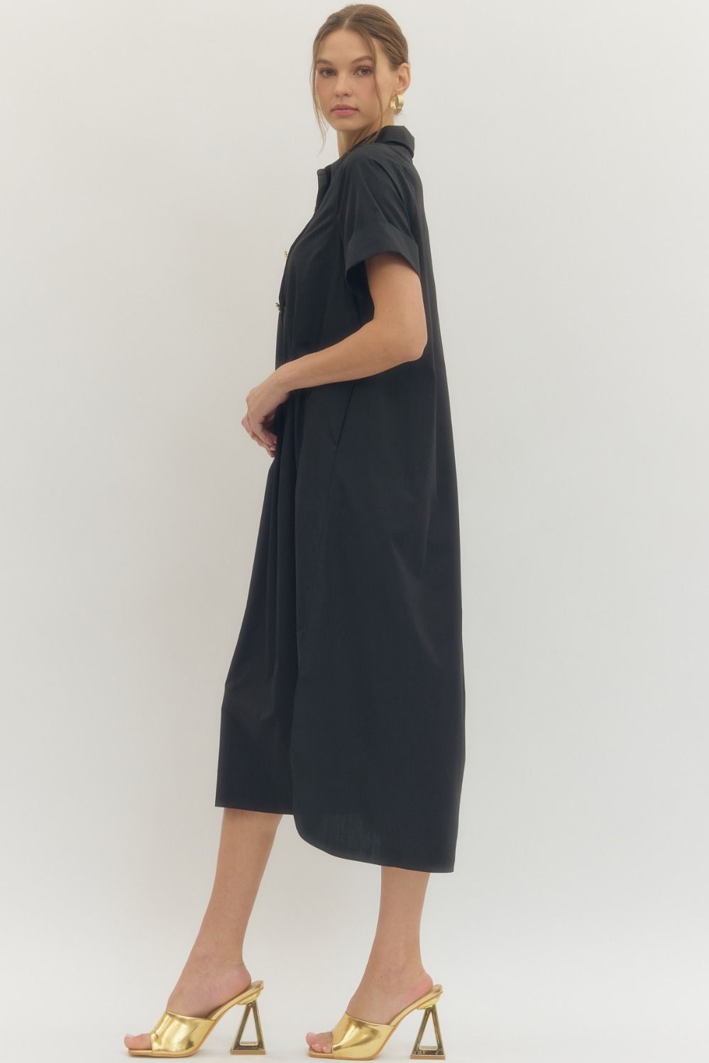 Black Embellished Button Midi Dress