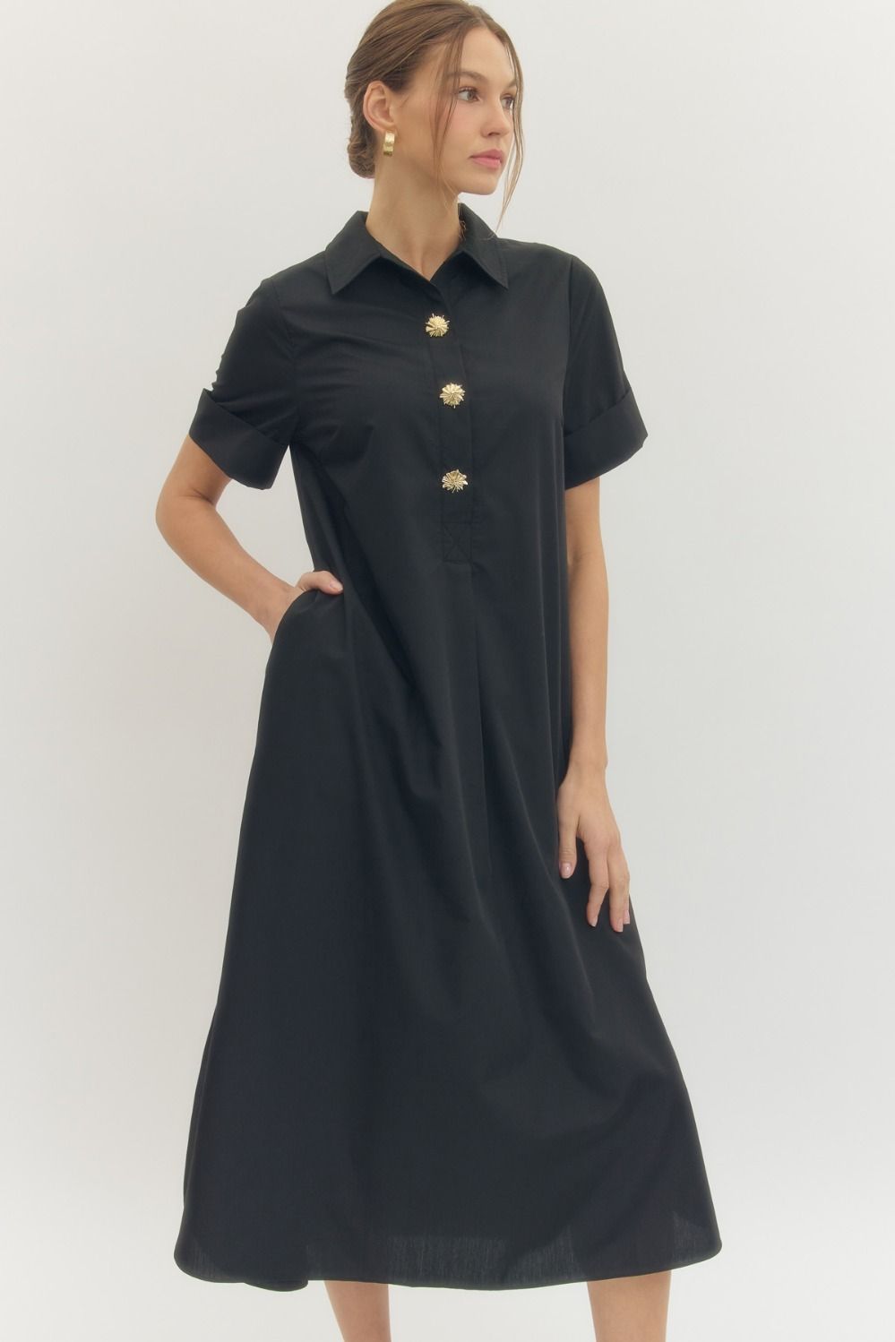Black Embellished Button Midi Dress