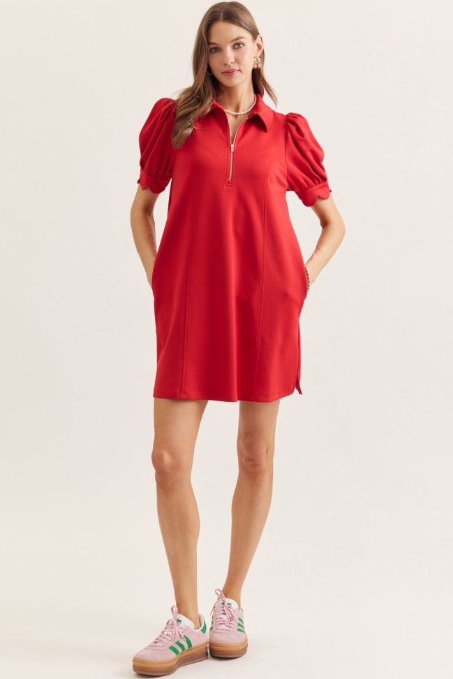 Puff Sleeve Scallop Dress - Red